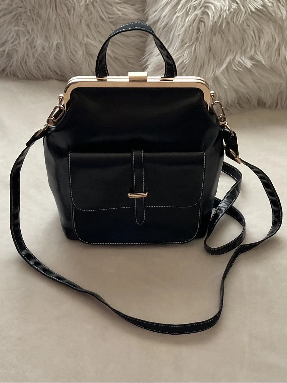 Black Satchel with Gold-Tone Frame and Removable Strap